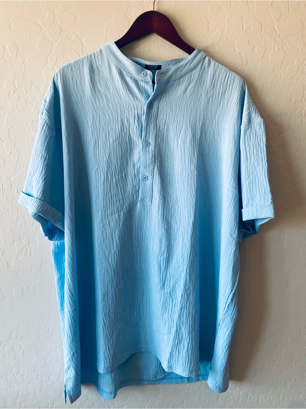 COOFANDY Men’s Light Blue Linen Look Shirt, Band Collar Henley Size XXXL
